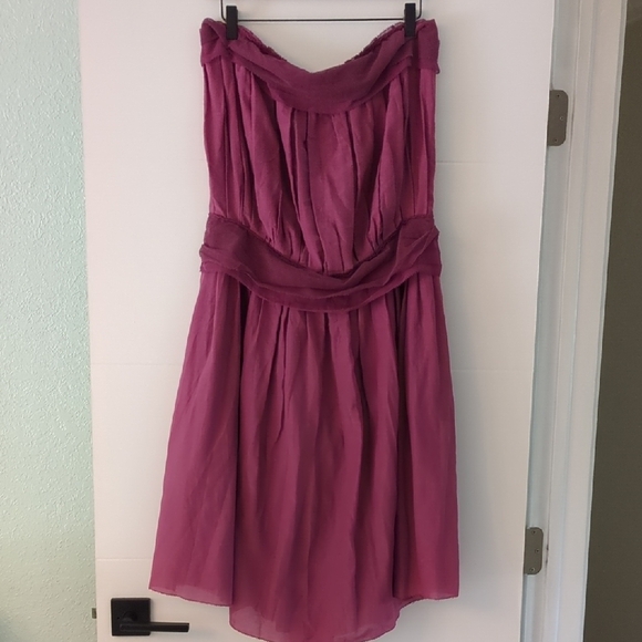 Feminine Silk Blend Flowy Coquette Elegant Pink Strapless Back Bows Midi Dress - Picture 1 of 9